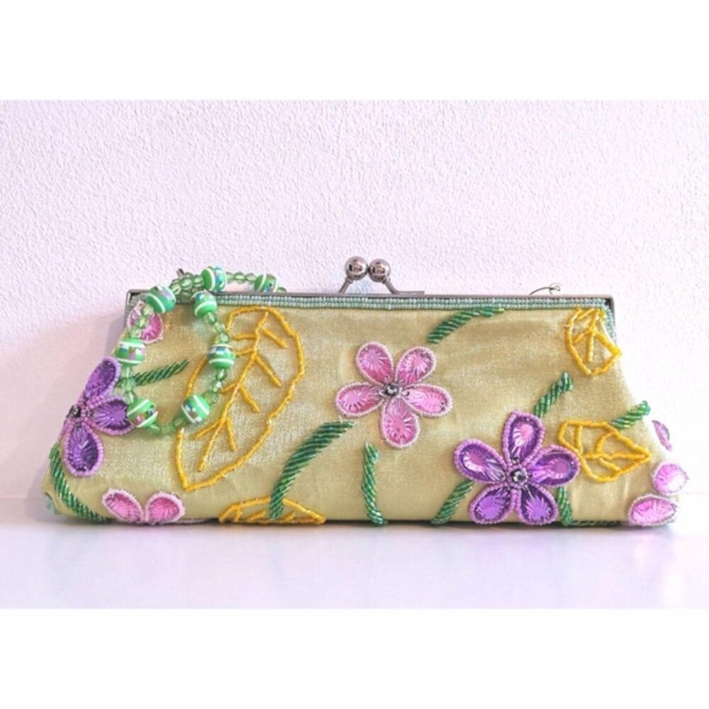 NWT Evening purse clutch bag satin beaded Green Purple Pastels - Picture 6 of 7